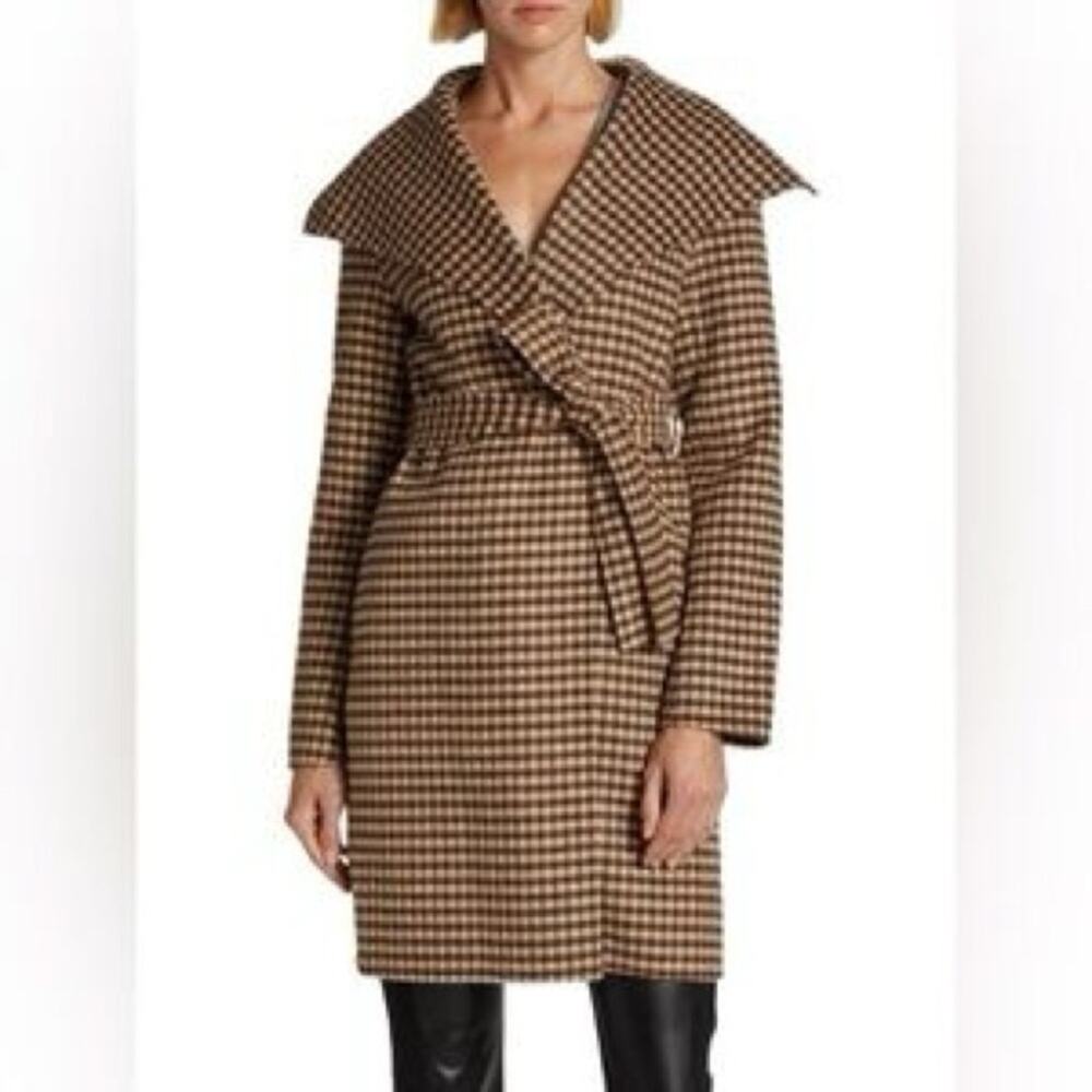 Elie Tahari Vienna Plaid Check Wrap Coat Brown Black Wool Blend Size L